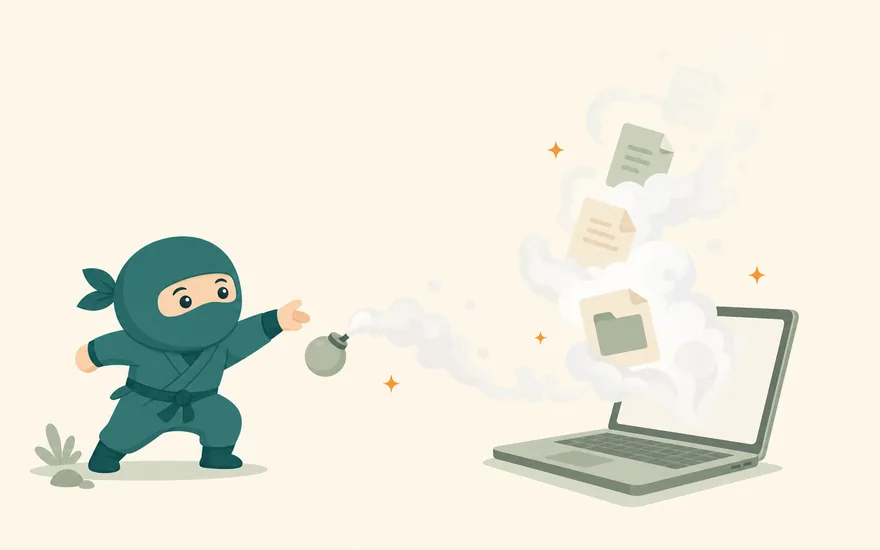 ドロン — 忍者が煙玉を投げ、PC画面のファイルが煙に包まれて消えていくイラスト