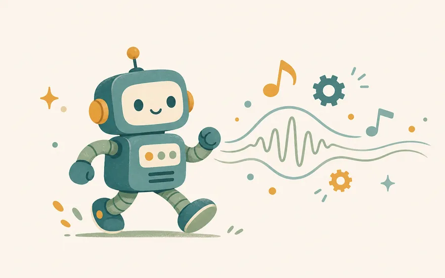 歩くレトロロボットと音の波形のイラスト