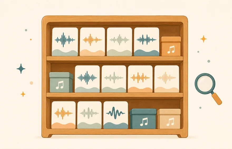 SoundShelf — 音の素材が整然と並ぶ棚のイラスト
